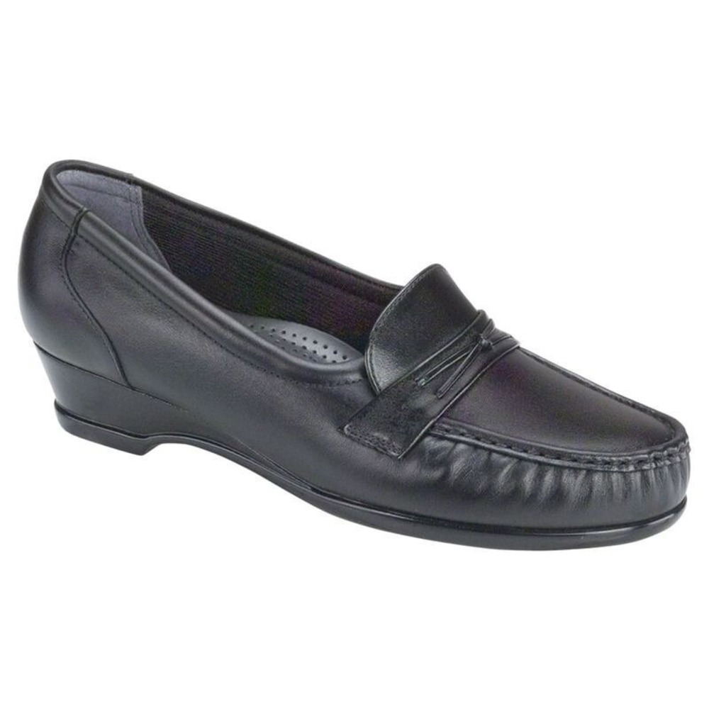 SAS Women's Black‎ Comfort Slip On Loafer Tripad Wedge Heel Leather Size 6